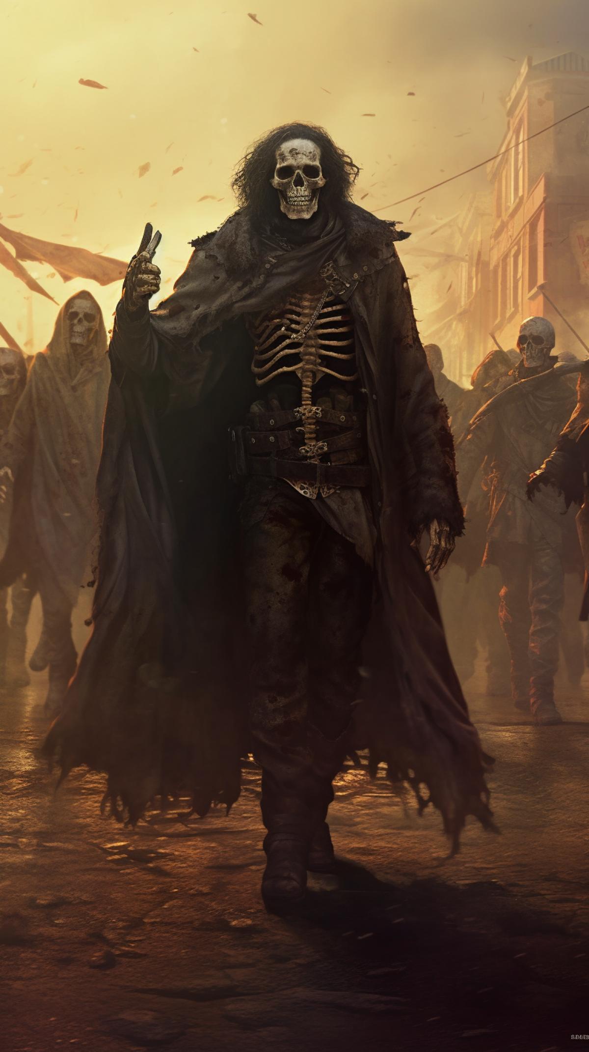 A dead anarchist was walking in a leather cloak, he was leading zombie bodys behind him, he had a fak on his hand, and a pirate flag in his pocket. Zombies are screaming. Realistic. Scary.