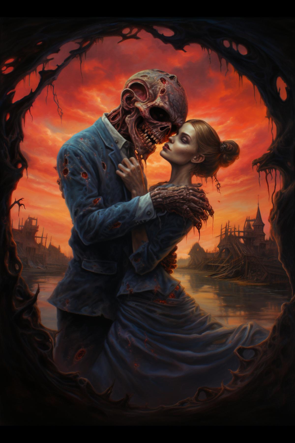 Two zombies in love with each other, surrealism, high quality, good detail, landscape