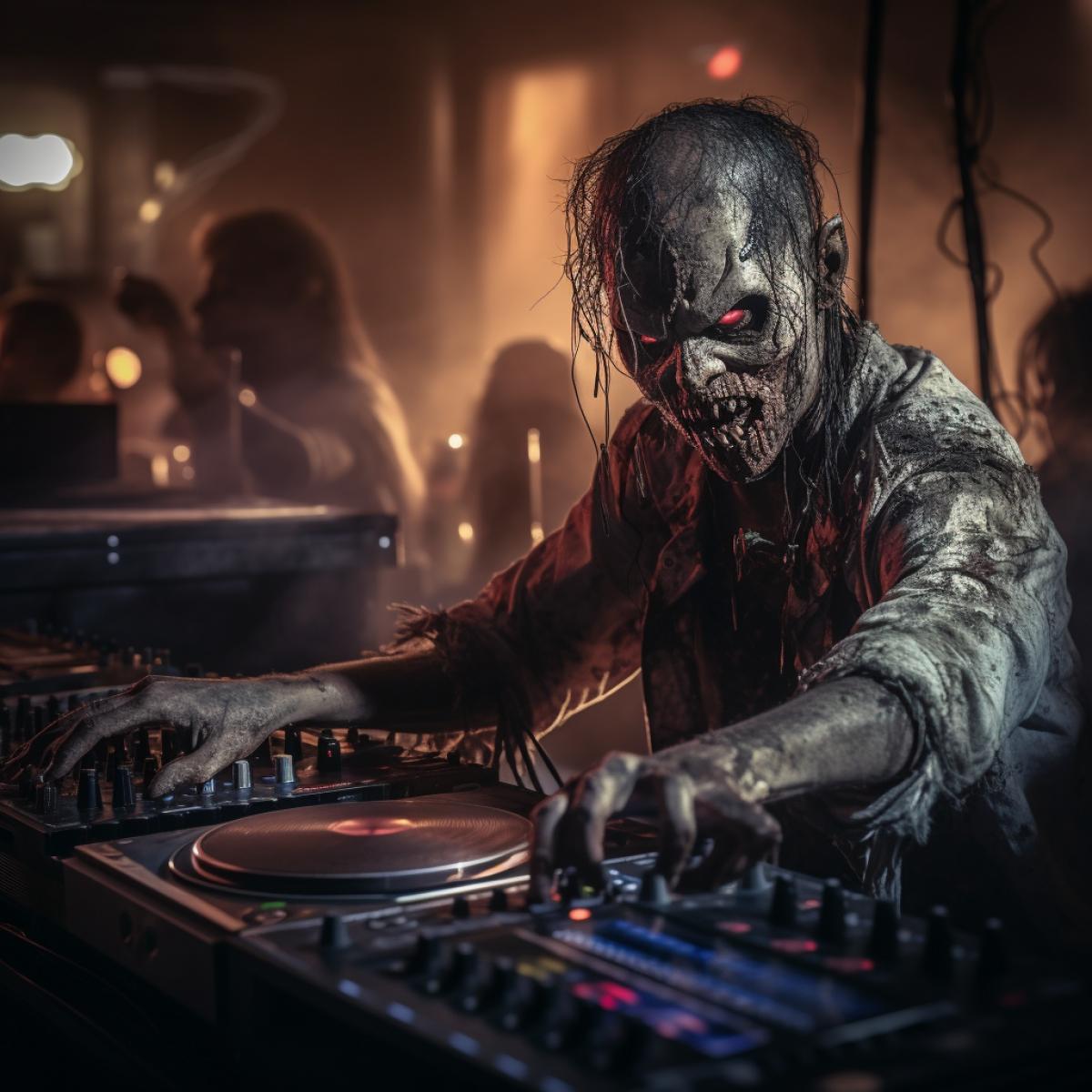 Zombie DJ playing music in a club, exquisite detail, 30-megapixel, 4k, 85-mm-lens, sharp-focus, intricately-detailed, long exposure time, f/8, ISO 100, shutter-speed 1/125, diffuse-back-lighting, award-winning photograph, facing-camera, looking-into-camera, monovisions, elle, small-catchlight, low-contrast, High-sharpness, facial-symmetry, depth-of-field, golden-hour, ultra-detailed photography, shiny metal surface with intricate swirling mother of pearl inlays, raytraced, global illumination