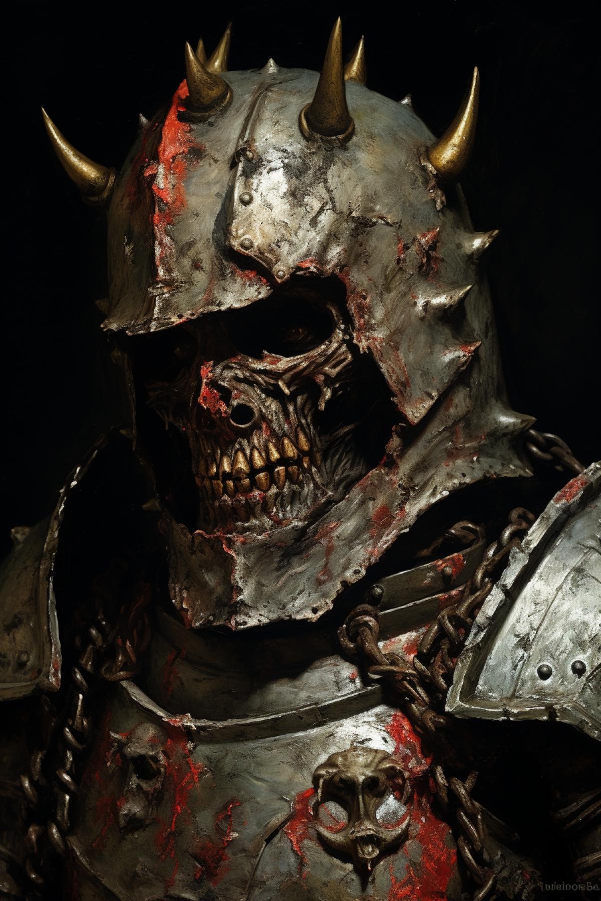 The portrait painting depicts zombie knight in decayed crusaderlike armor with demonic manner The knights twisted and rotted face is visible through the visor of his helmet which has sinister appearance with glowing red eyes and sharp jagged teeth His rusted sword is held in his hand The painting is done in realistic style with great attention to detail in the textures of the armor The background portrays stormy sky and desolate battlefield Despite his decayed state the knight exudes an air of menace and power representing force of evil that cannot be stopped The portrait painting is full of dark eerie colors that add to the overall feeling of horror It is striking image capturing the imagination and leaving lasting impression on anyone who sees it intricately detailed dim lights natural lights chromatic aberration perfect colorcoded vibrant ar Image