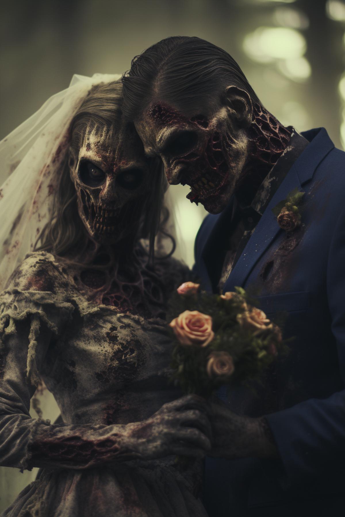 Zombie Wedding, horror, creepy, zombie apocalypse, photorealistic, cinematic, epic, atmospheric