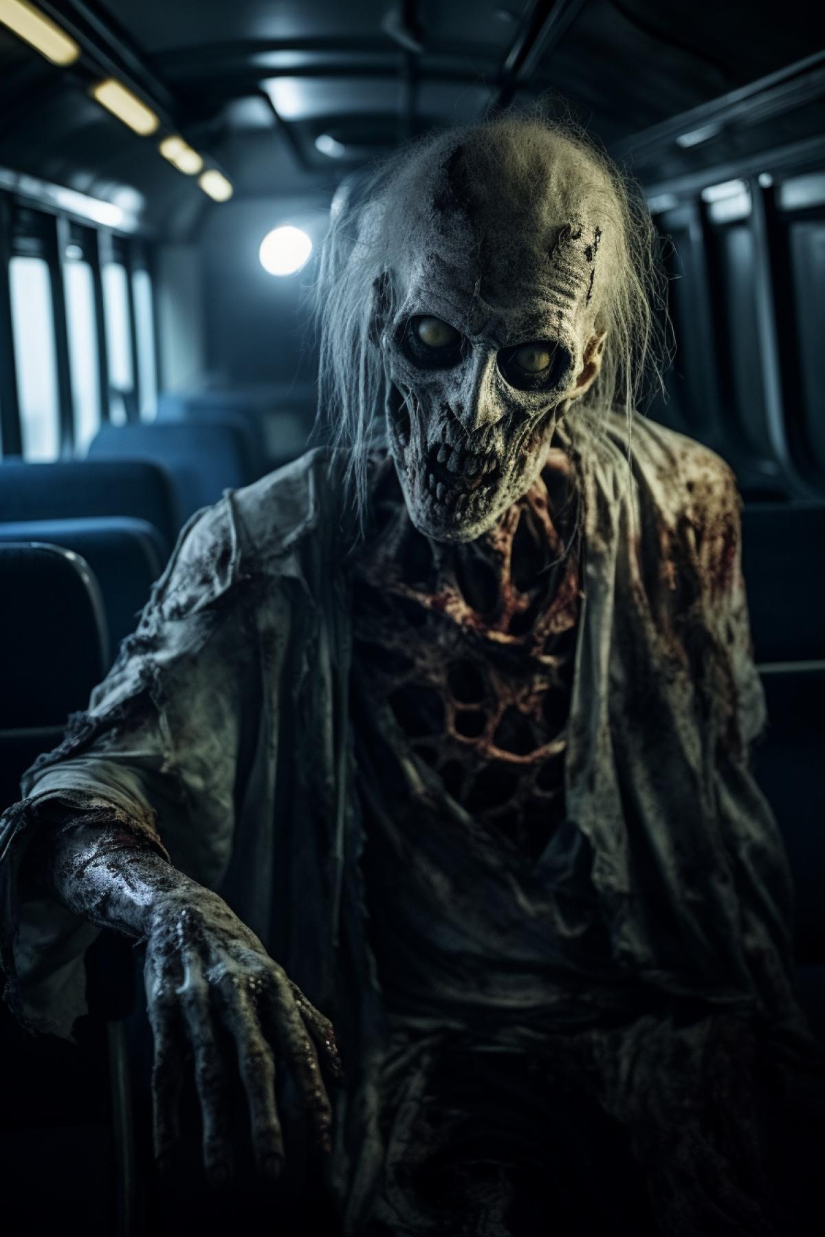 zombie in battle on a train, in the style of unreal engine 5, haunting portraiture, nightmarish creatures, gustave doré, post-apocalyptic backdrops, skeletal, zeiss batis 18mm f/2.8