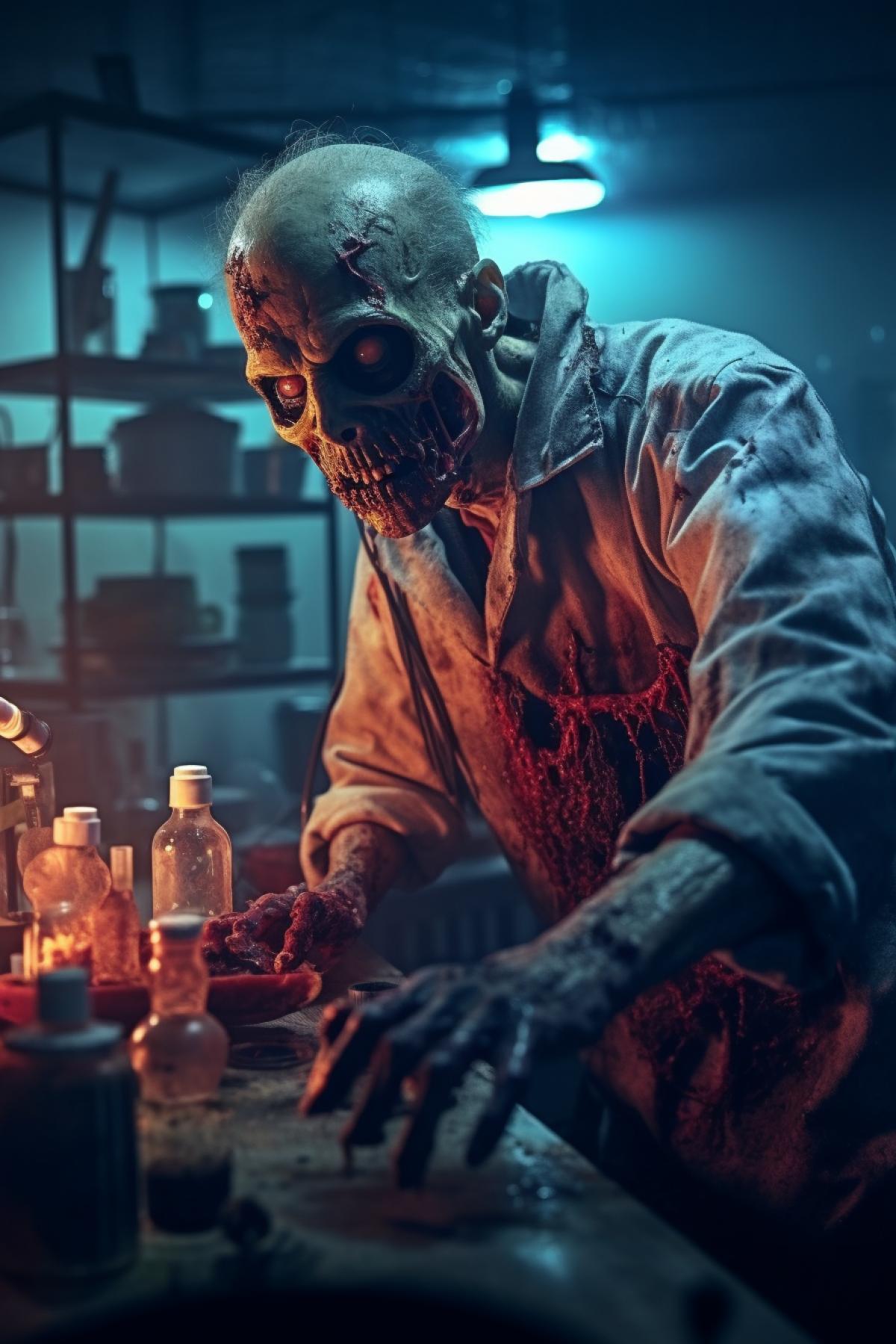 Zombie in bio laboratory, science experiments, horror, cinematic, photorealistic, atmospheric, epic