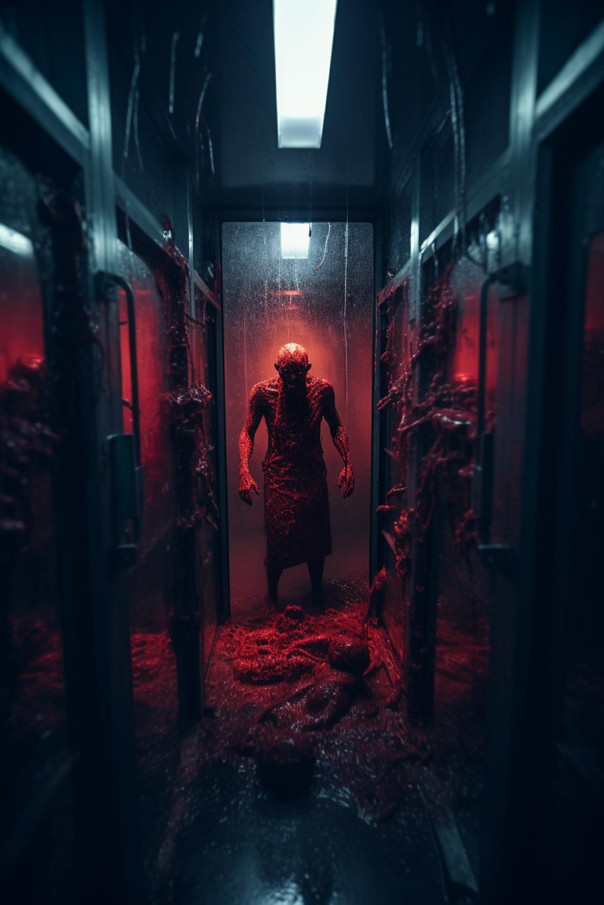 Aggressive Zombie in the glroom cell, red liquid, bio laboratory, science experiments, horror, cinematic, photorealistic, atmospheric, epic