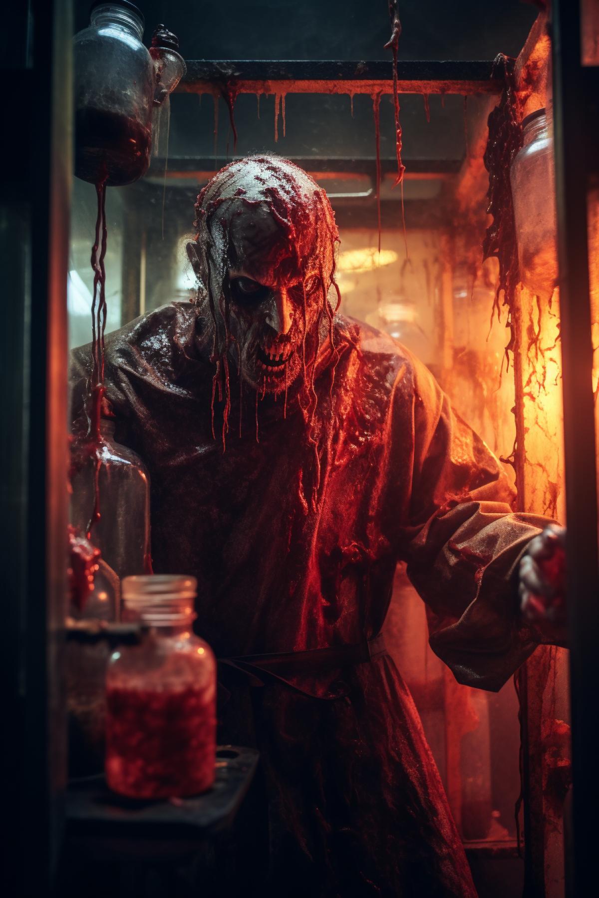 Aggressive Zombie in the glroom cell, red liquid, bio laboratory, science experiments, horror, cinematic, photorealistic, atmospheric, epic