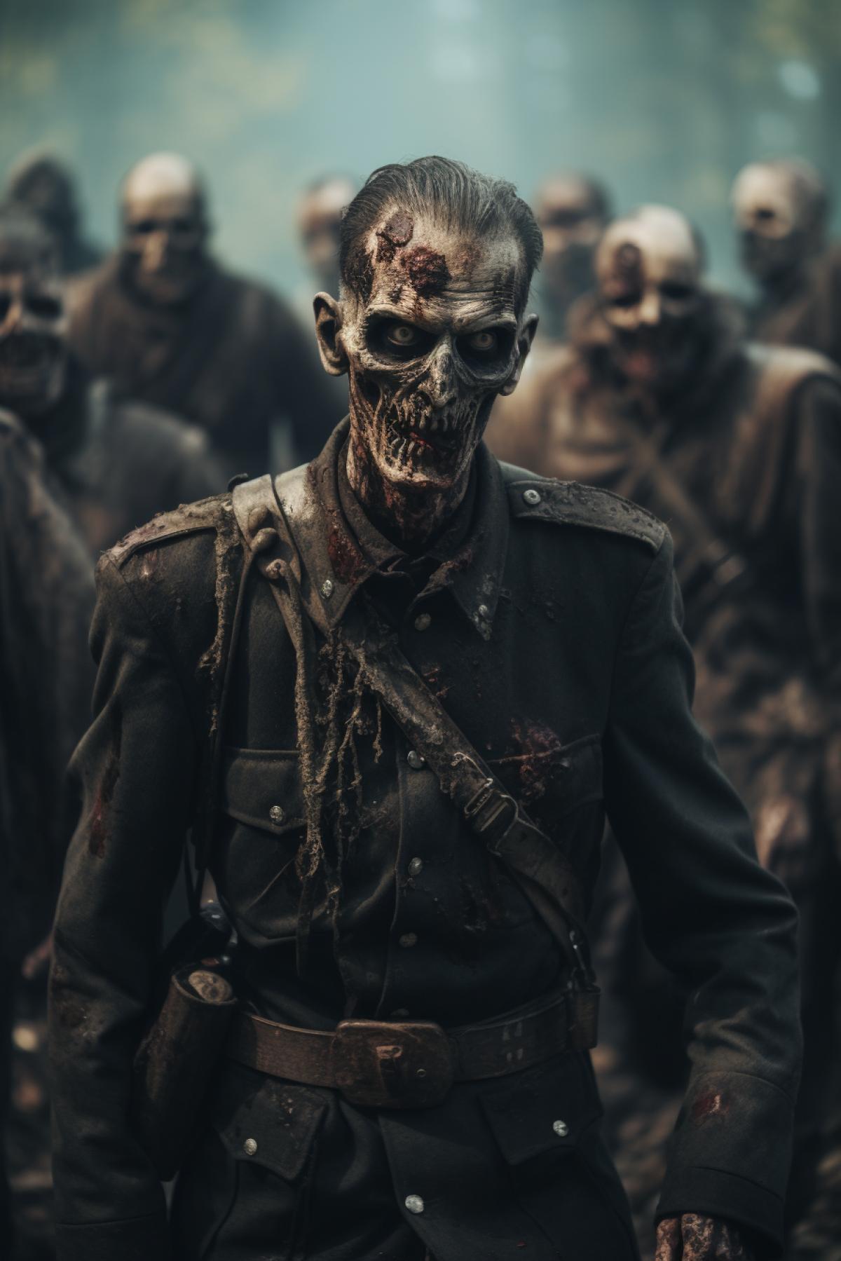 zombies soldiers, German officers, walking dead, undead bodys, retro military German uniform, Rotten body , zombie apocalyptic, cinematic, photorealistic, epic battle, horror movie
