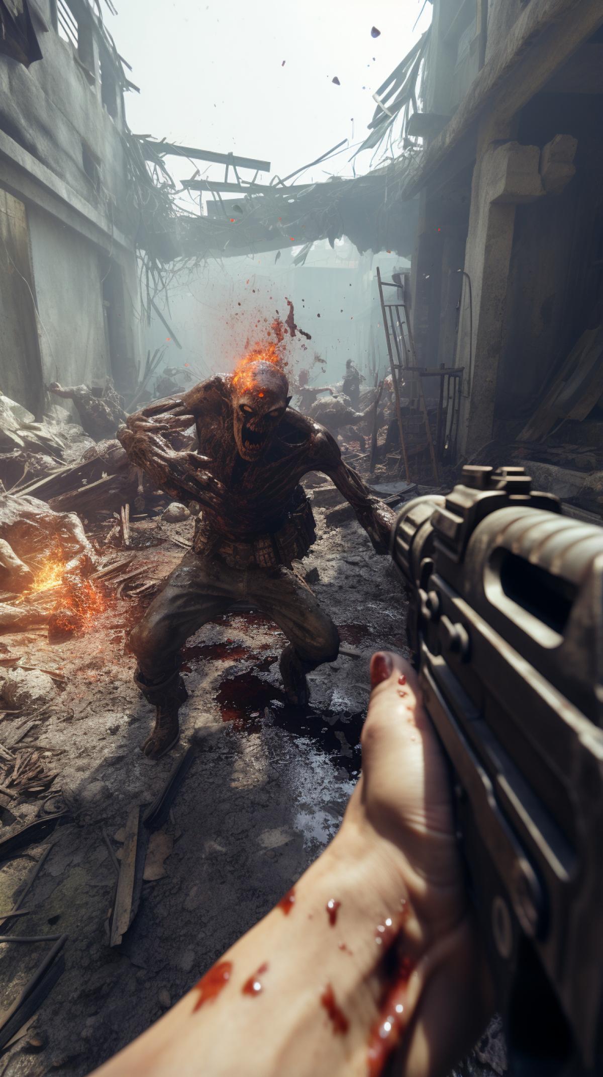 First-person shotgun shooting at zombies as in a computer game, shot at the moment of the shot, fire from the barrel, destroy mutated zombie monsters, high cinematic quality of the shot, increased clarity of the shot.