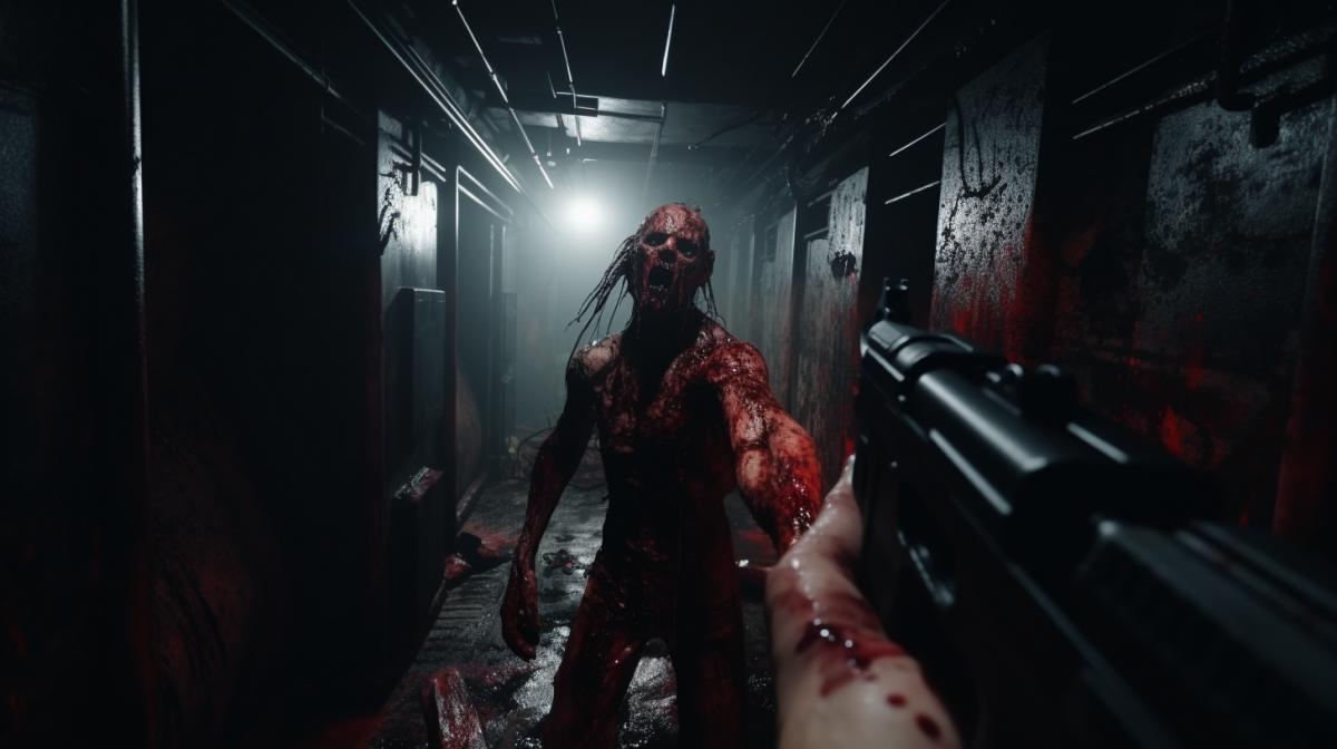 First-person zombie shooting like in the movie Doom, zombie destruction in a dark corridor, high cinematic quality shot.