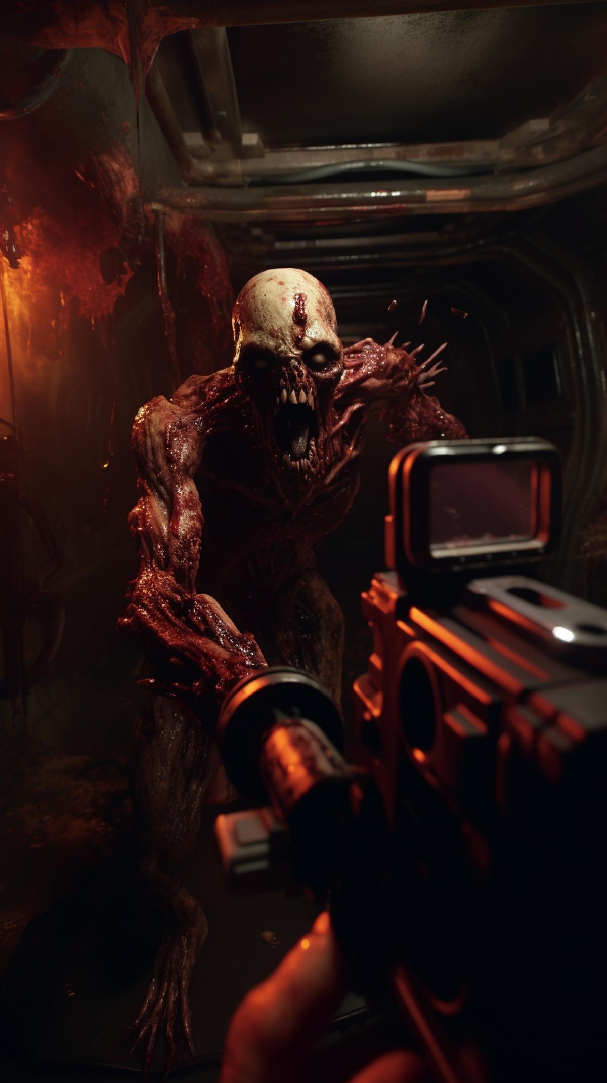 First-person shotgun shooting of zombies like in the movie Doom, destroying mutated zombie monsters, high cinematic quality of the shot, increased clarity of the shot.