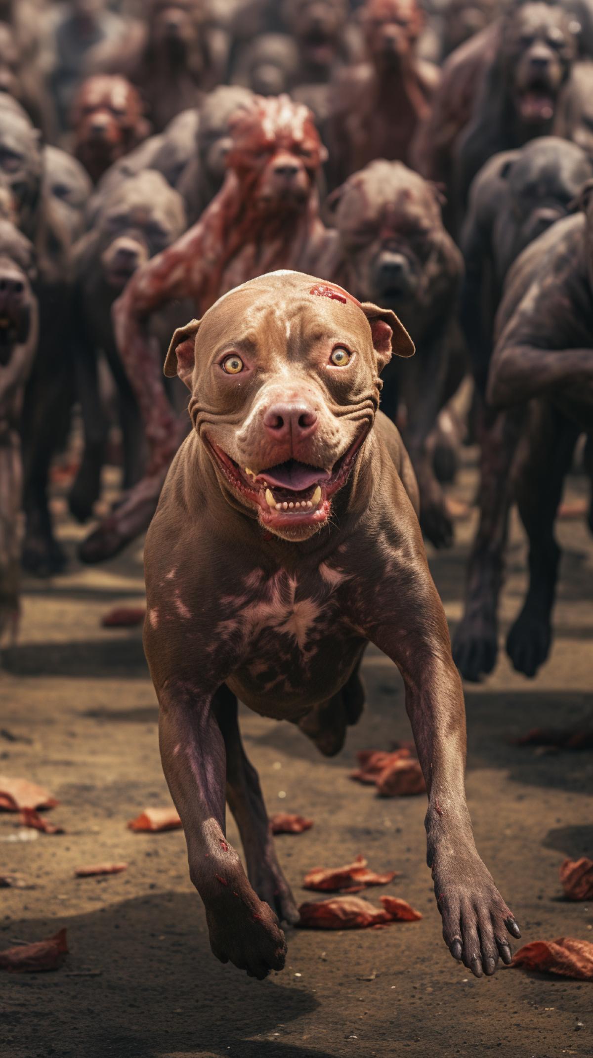 Pit bull running away from a crowd of zombies chasing him, quadcopter shot, mesmerizing photo, high quality photo, wide color palette, rich colors, high definition photo