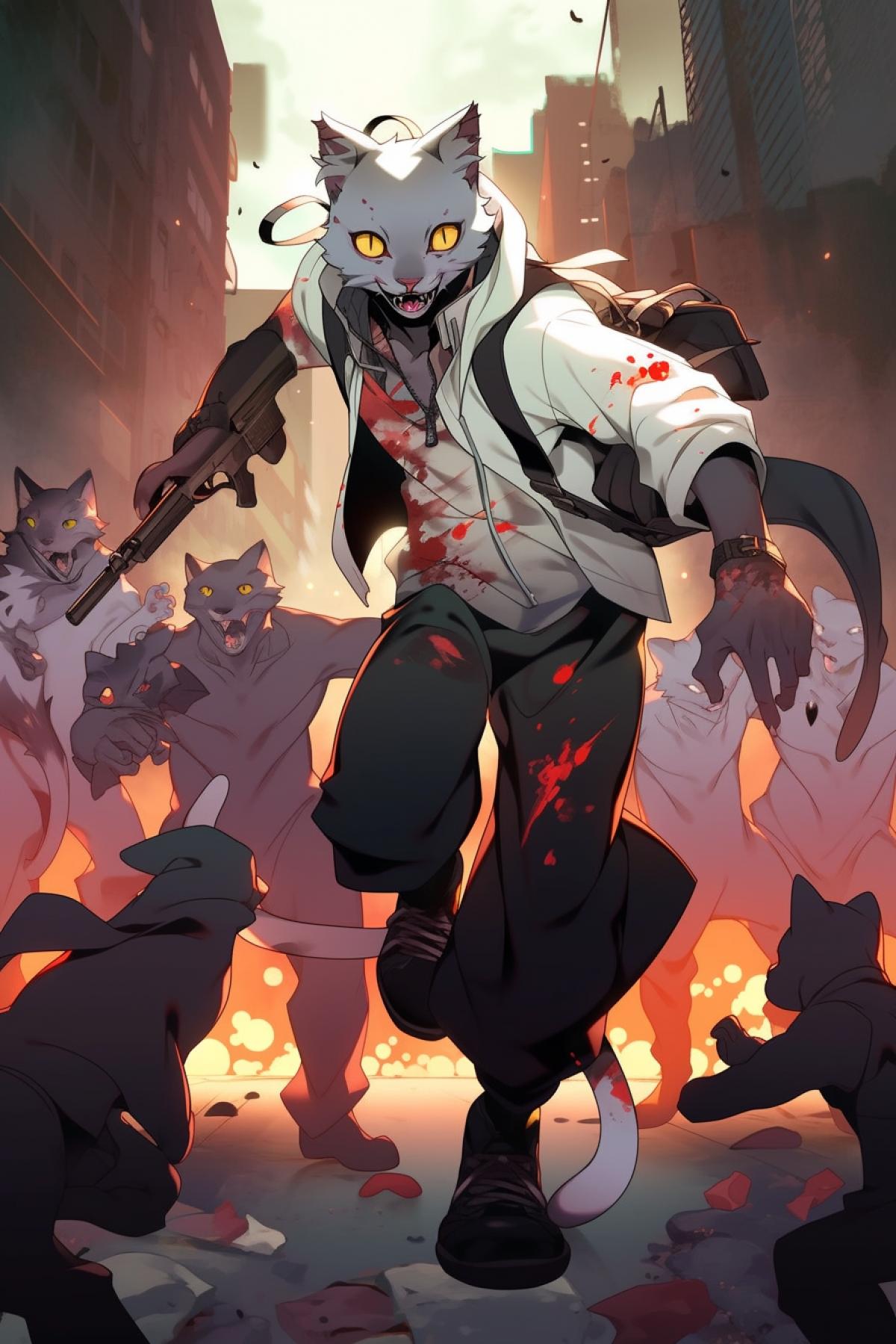 Humanoid cat in boots fights zombies.