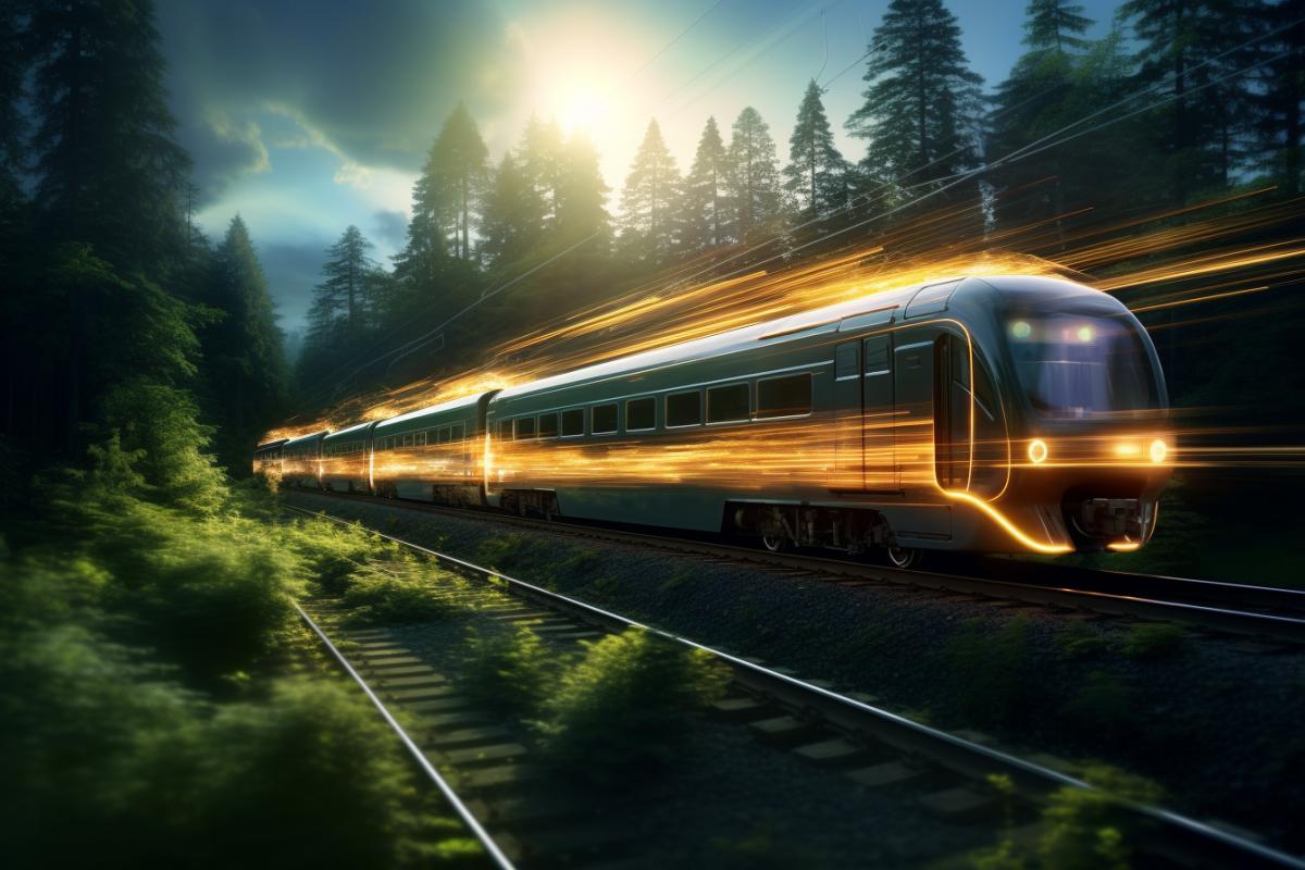 miracle express train moving through forest at dawn, long exposure, c4d