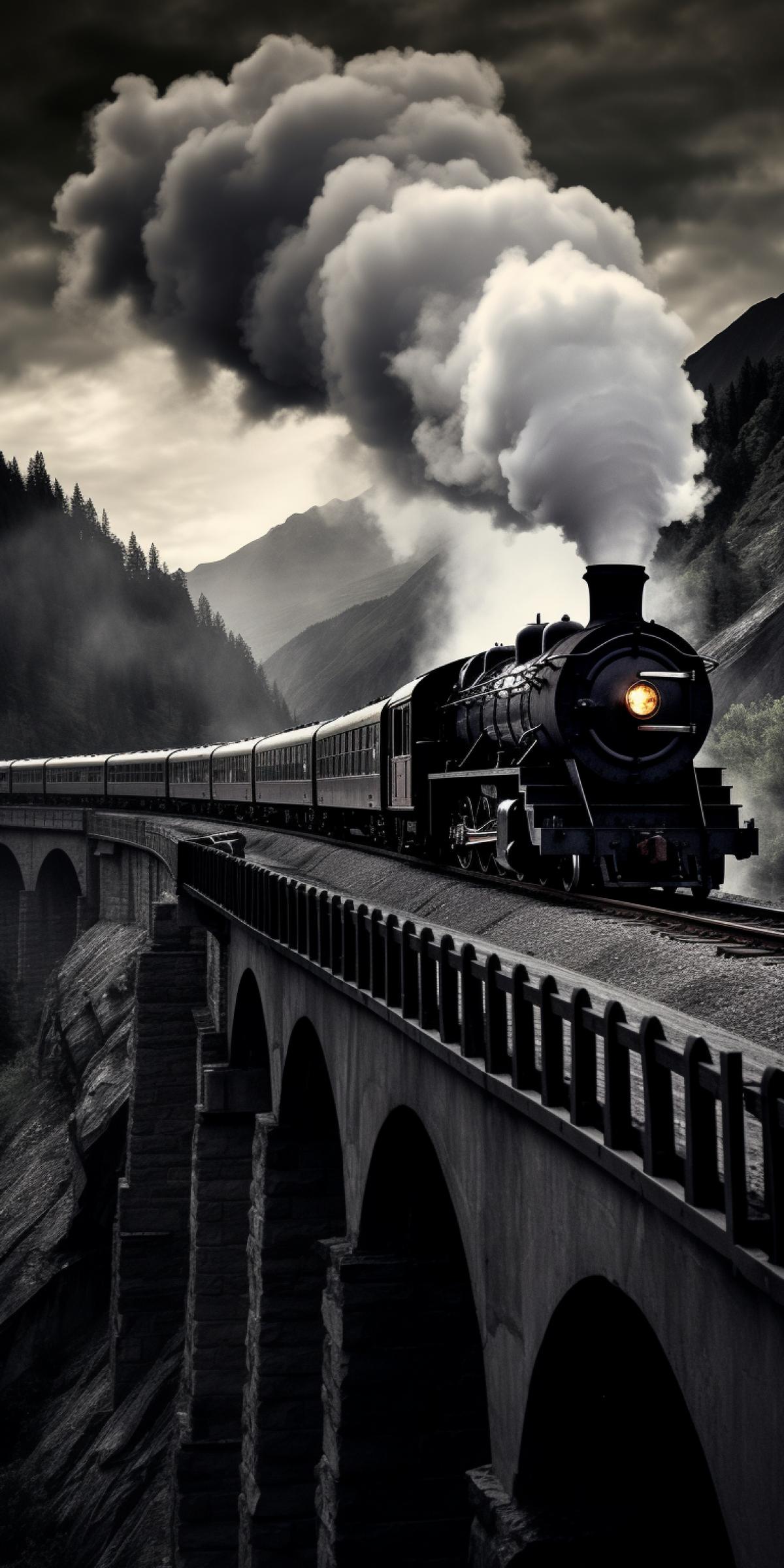 A classic steam train is making its way across a towering railway bridge, backdropped by a dramatic mountain range, in the style of gothic dark and ornate, smokey background, timeless nostalgia, silhouette lighting, I cant believe how beautiful this is, National Geographic photo, noir comic ar