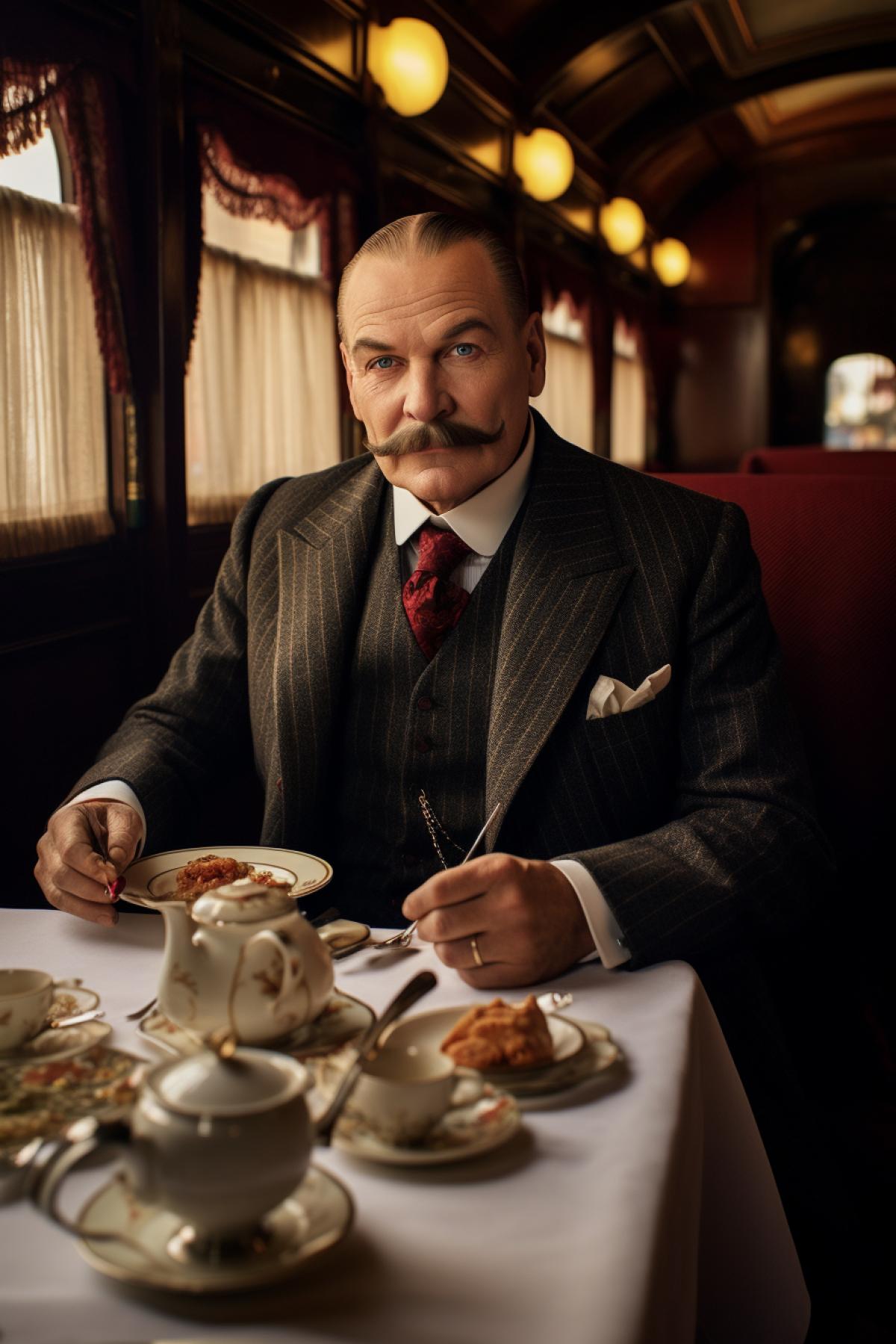 A shot from the movie Murder on the Orient Express: Hercule Poirot at breakfast in the carriage train