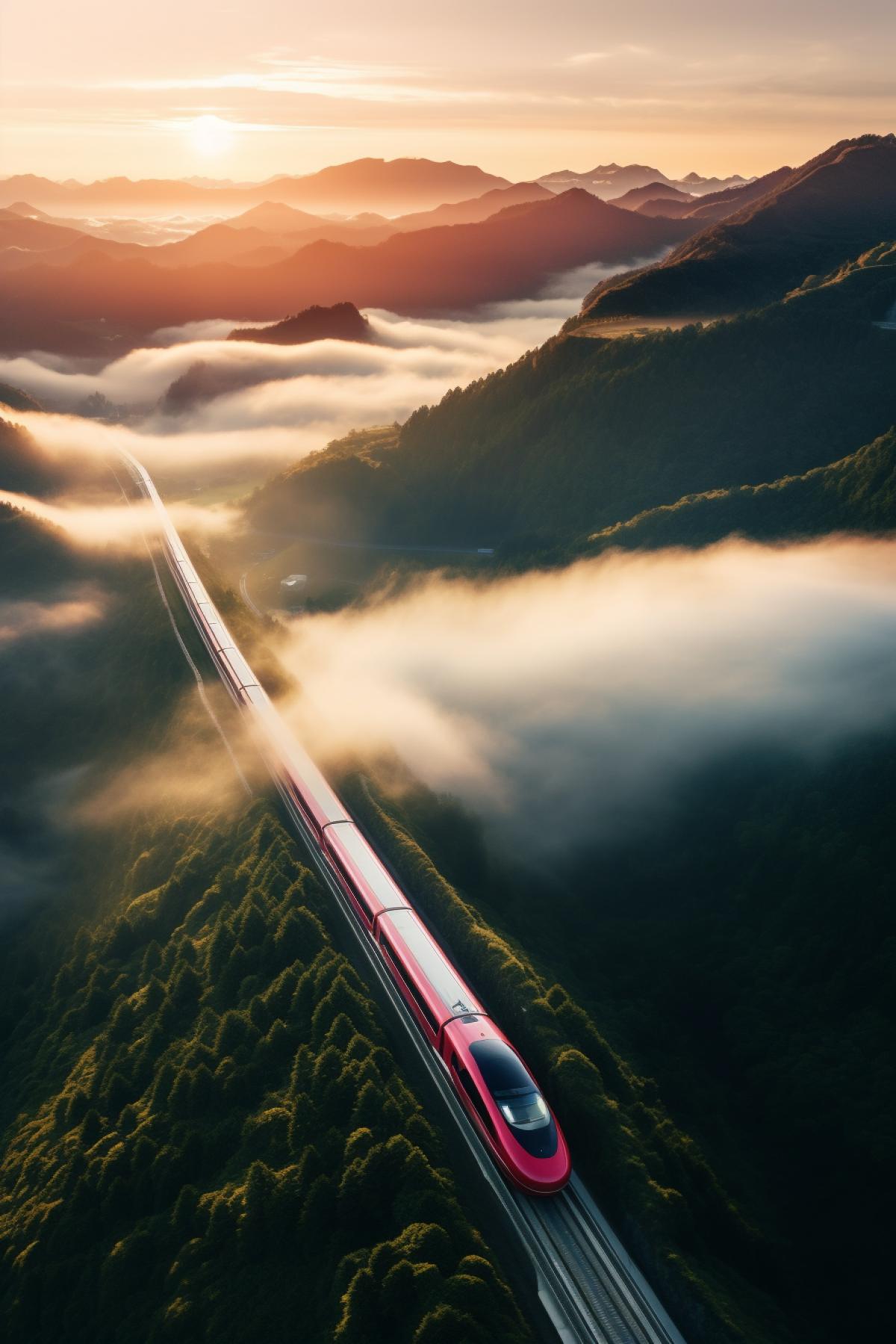 A modern robotic super high-speed train rushes among the misty mountains of Japan, incredibly beautiful photo, mesmerizing, photo from a drone, view from above