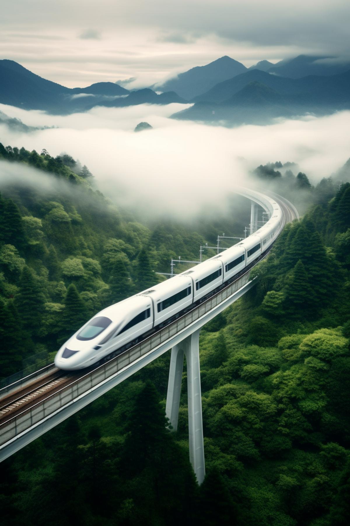 A modern robotic super high-speed train rushes among the misty mountains of Japan, incredibly beautiful photo, mesmerizing, photo from a drone, view from above