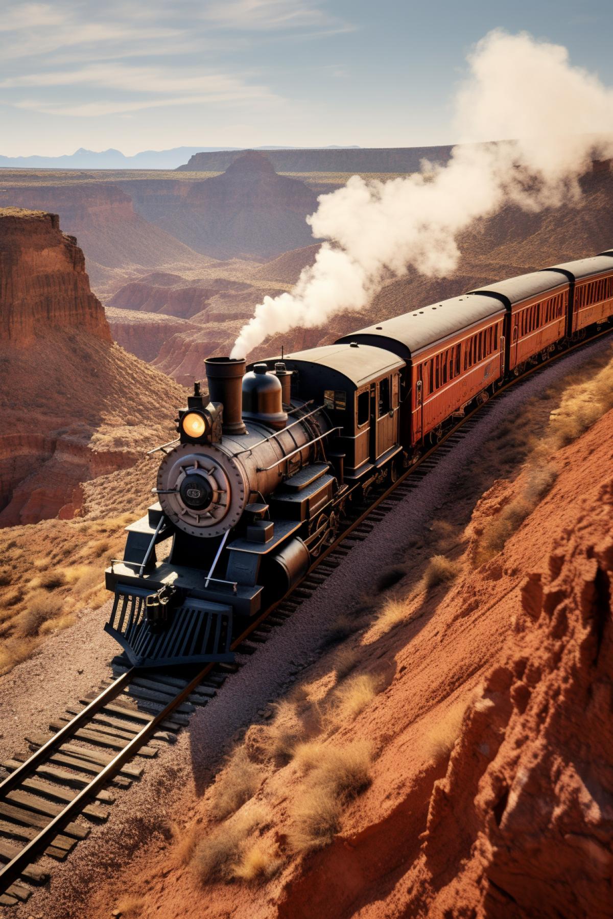 An old steam locomotive from the times of the Wild West rides along the edge of a huge canyon, incredibly beautiful photo, mesmerizing, photo from a drone, view from above, high resolution