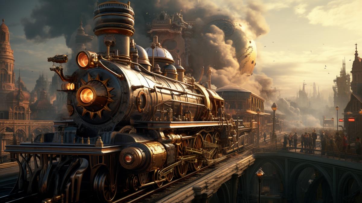 A steampunk train rides against the background of a steampunk city, high detail, good quality, 4K, wallpaper