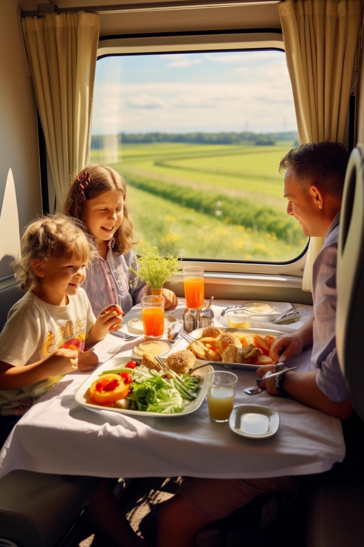 Railway cosy coupé family happily having breakfast at swingout side table boiled chicken bread ketchup boiled eggs apple juice potato chips plastic glasses and forks served on napkins children and grown-ups wearing sportswear and socks sunny day and endless wheat fields behind the window