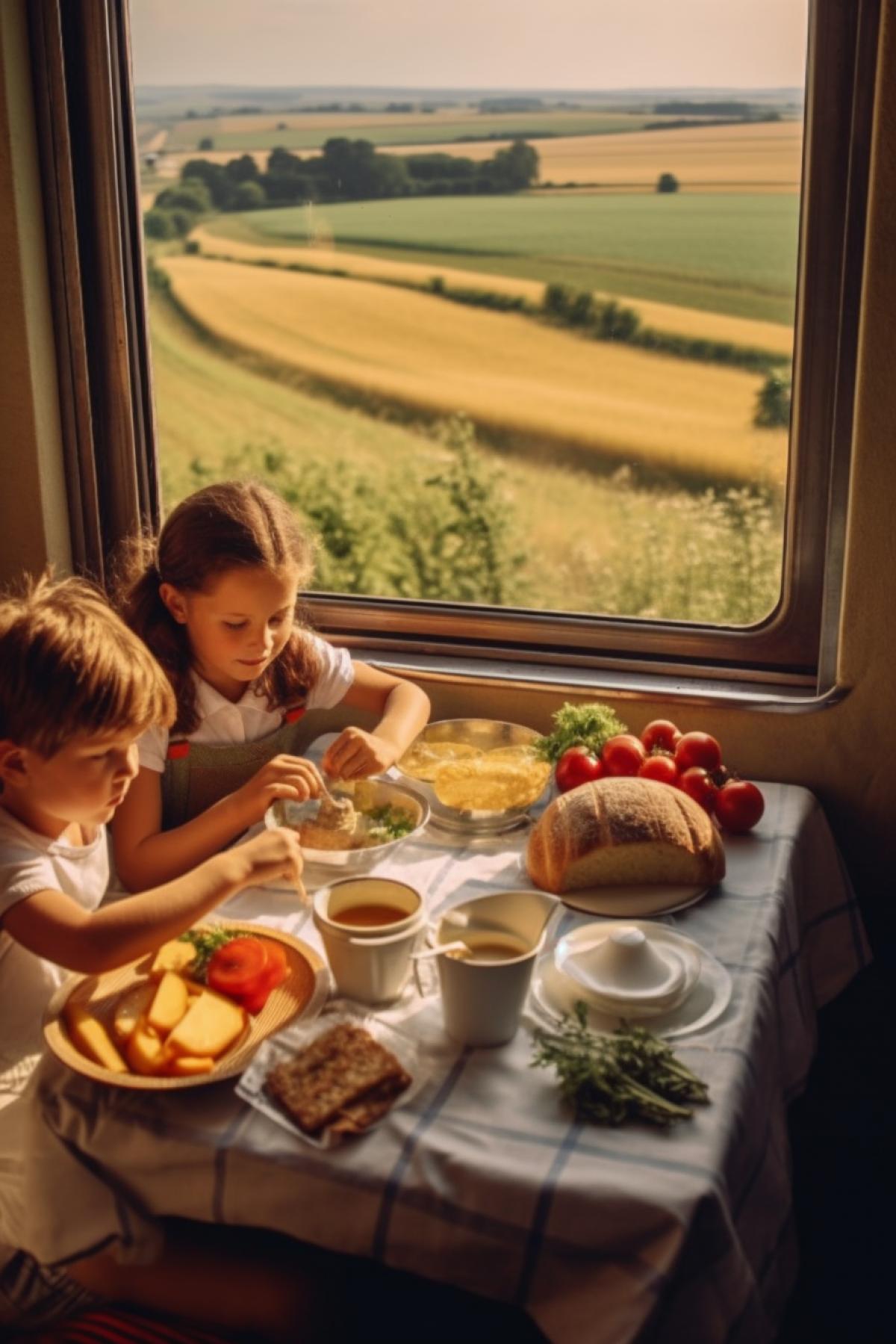 Railway cosy coupé family happily having breakfast at swingout side table boiled chicken bread ketchup boiled eggs apple juice potato chips plastic glasses and forks served on napkins children and grown-ups wearing sportswear and socks sunny day and endless wheat fields behind the window