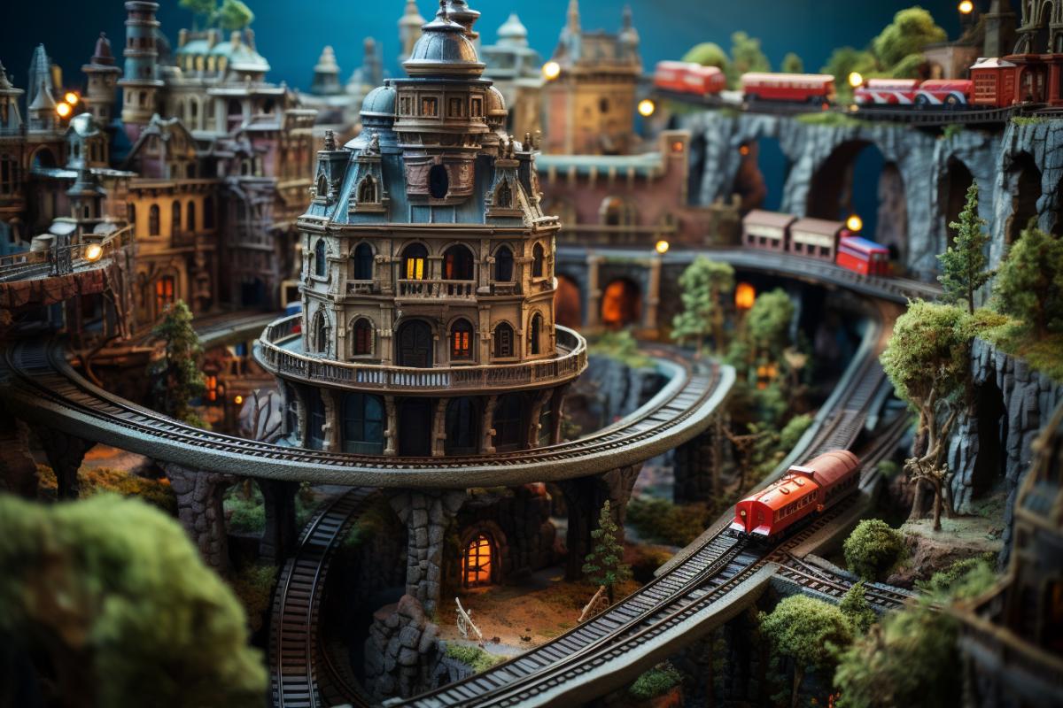 Toy fairy railway with trains and a beautiful city, photorealism, Tim Burton style