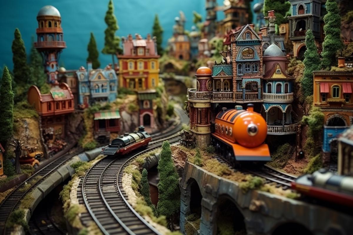 Toy fairy railway with trains and a beautiful city, photorealism, Tim Burton style