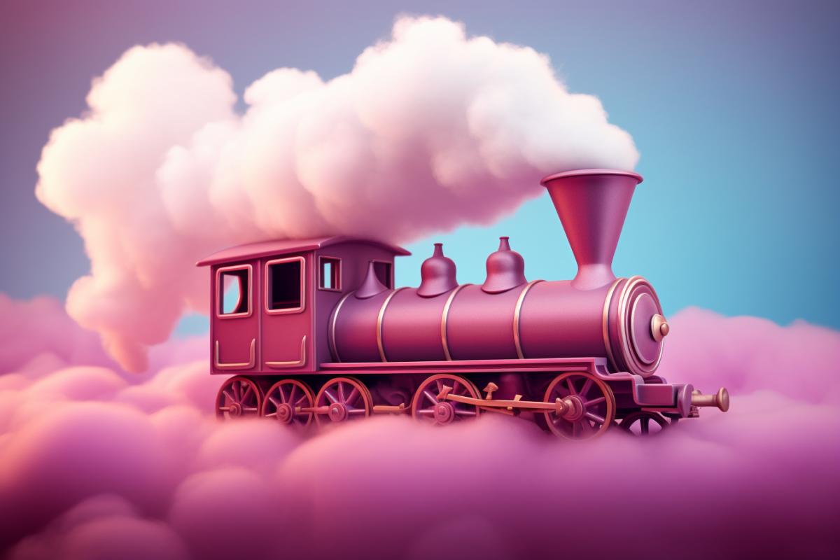 A train travels through the clouds into the sky in a parallel world. A ghost train flickers, rich colors, surrealism