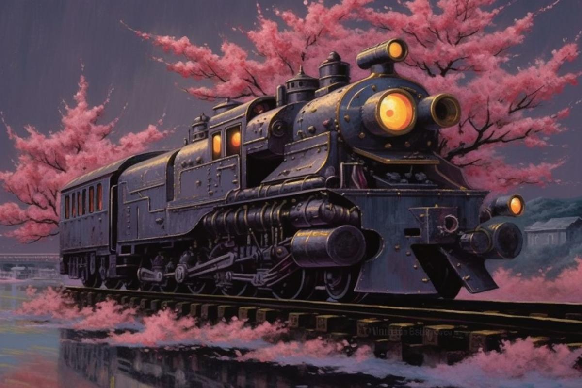 An ominous vintage train in Japan among cherry blossoms