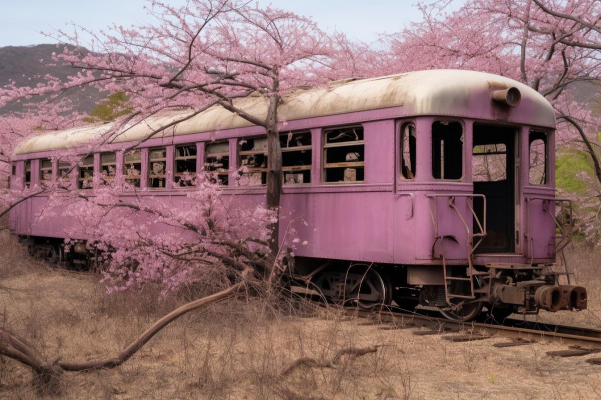 An ominous vintage train in Japan among cherry blossoms