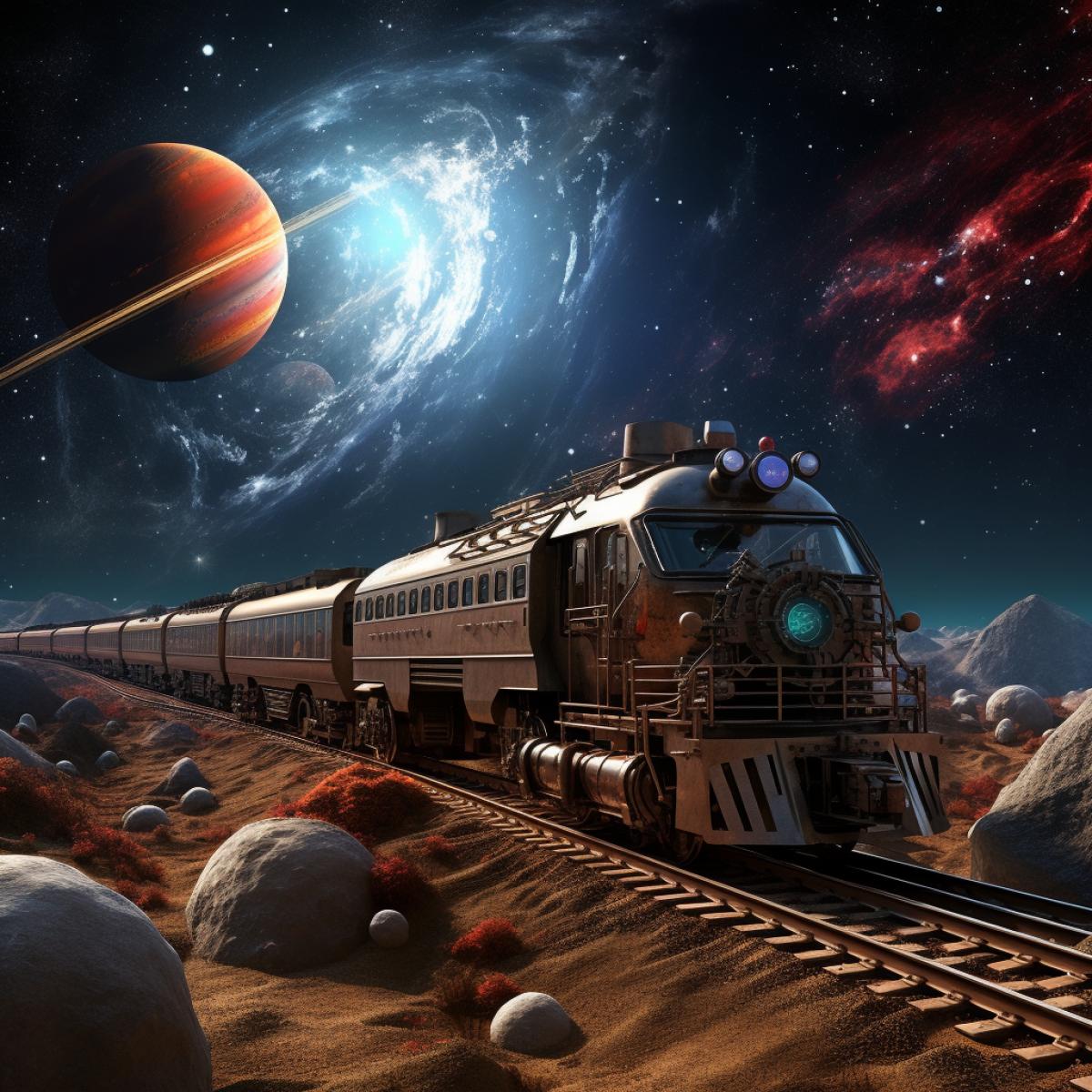 freight train in space, planets and galaxy in the background, photorealistic, realistic, detailed, highly detailed, super detailed, high quality, ultra realistic, high detail, ultra detail, 8k,