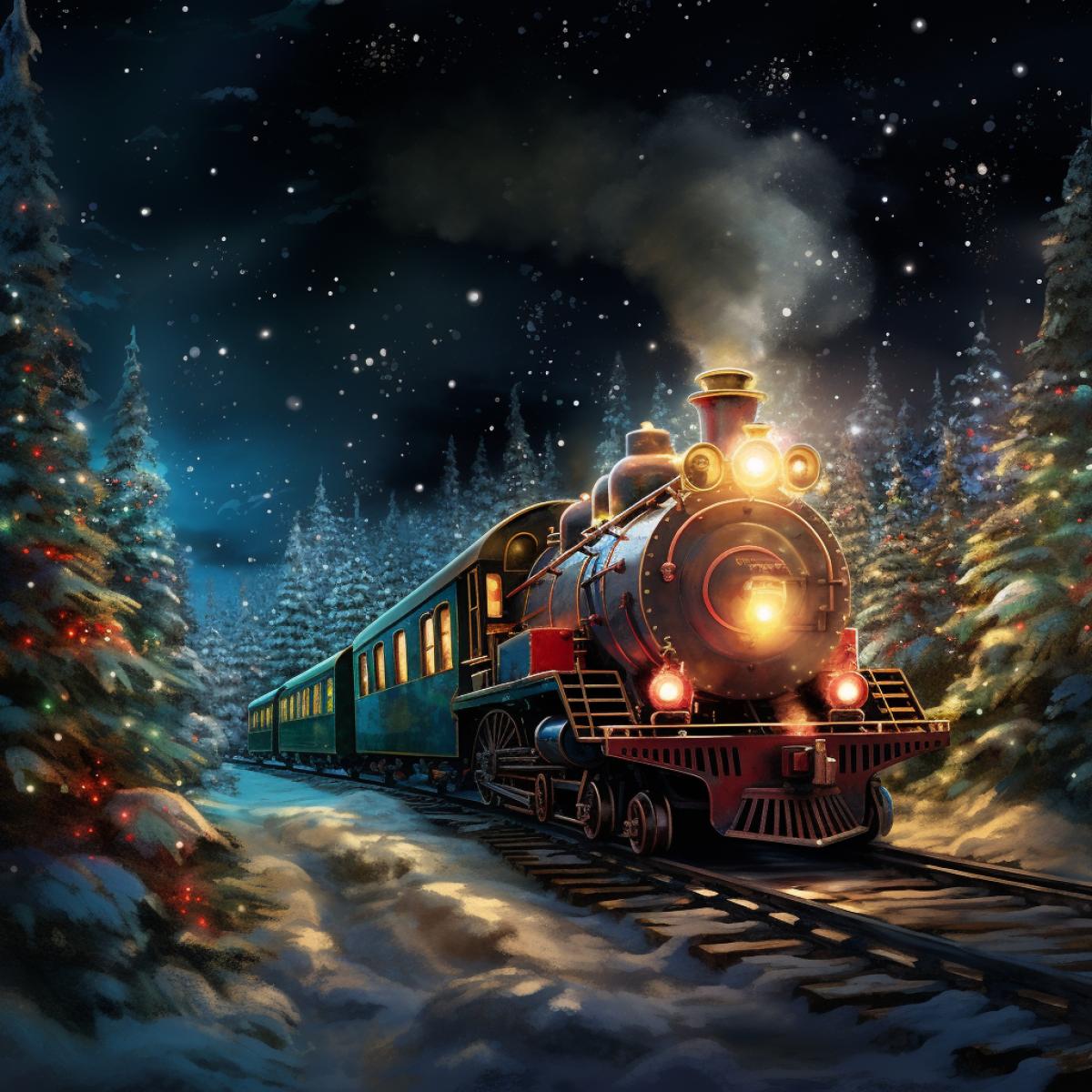Imagine a beautiful old train in the perfect Christmas night forest, magical