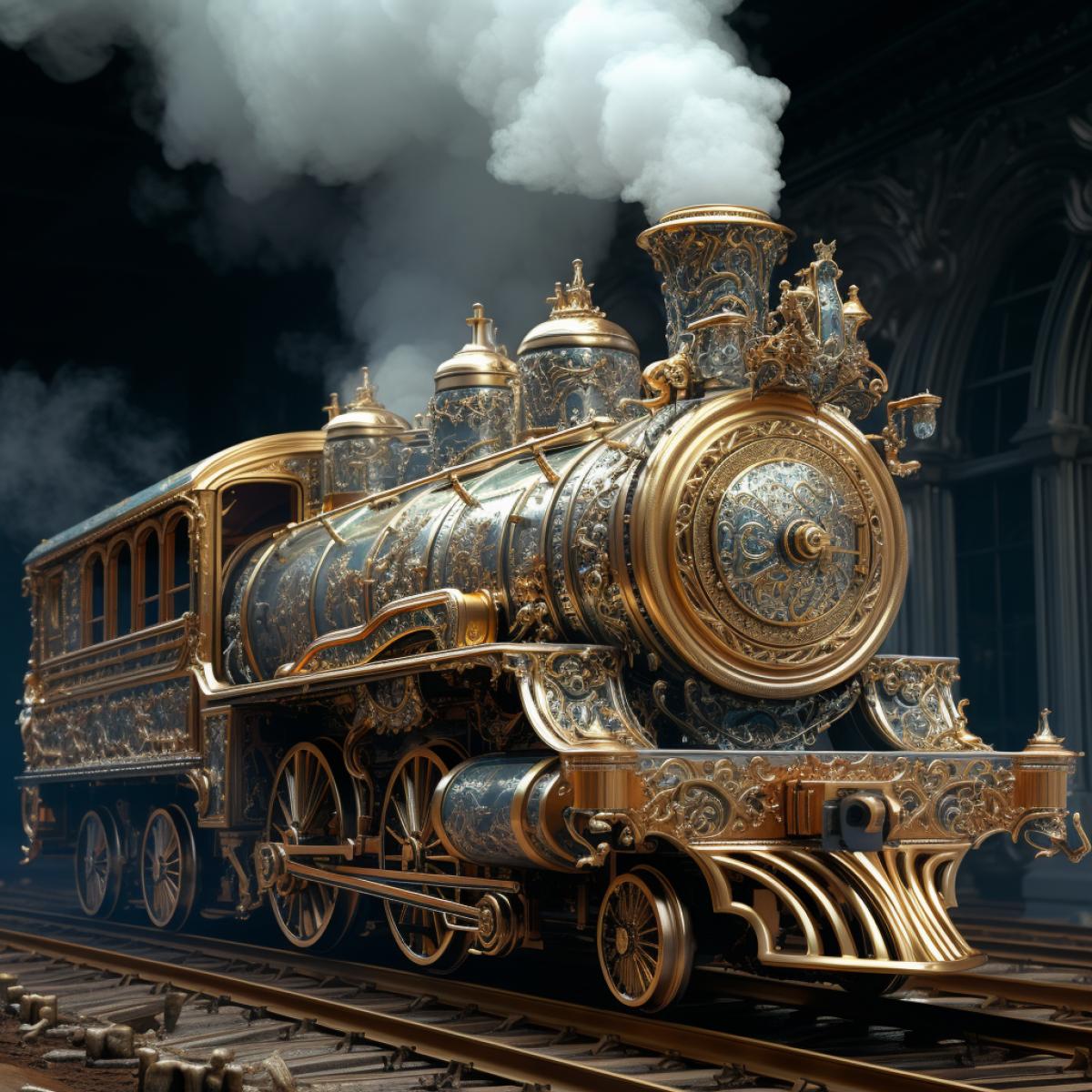 Hyper Realistic Steam Train by Karol Bak and Carlo Crivelli, smoke, front view, construction, intricate details, hyperdetailed, 8 k, sharp focus, defined
