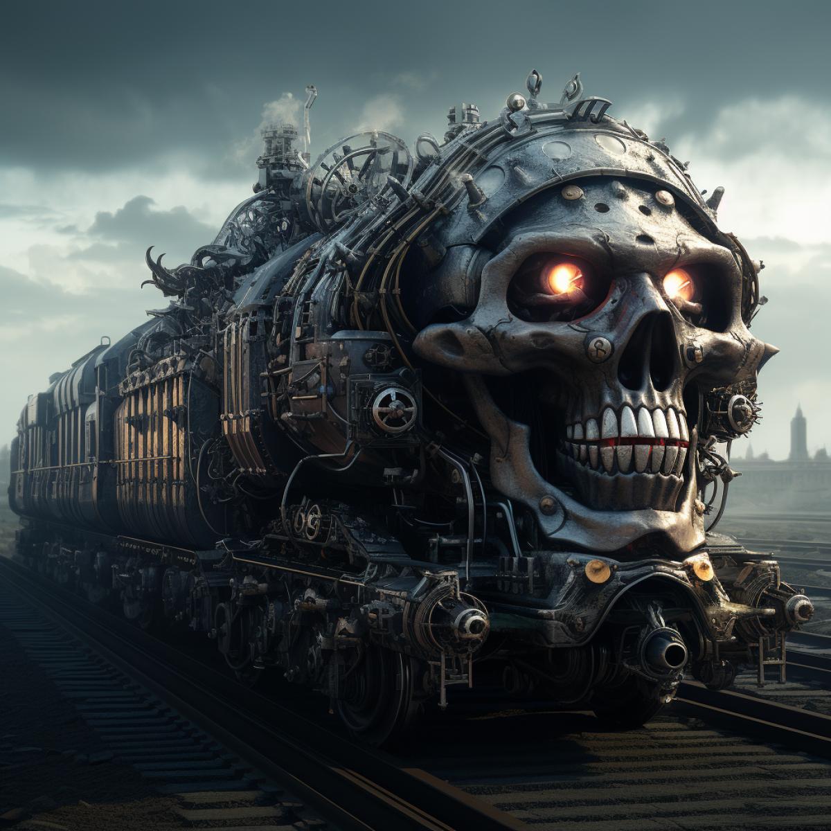 Techno punk train with a locomotive with a skull shaped front