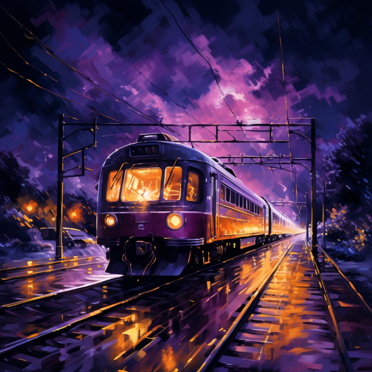 purple train at night, neon, purple atmosphere, rain is blowing out purple smoke,