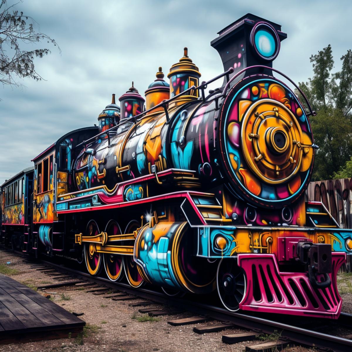 photo of steampunk colorful train graffiti painted