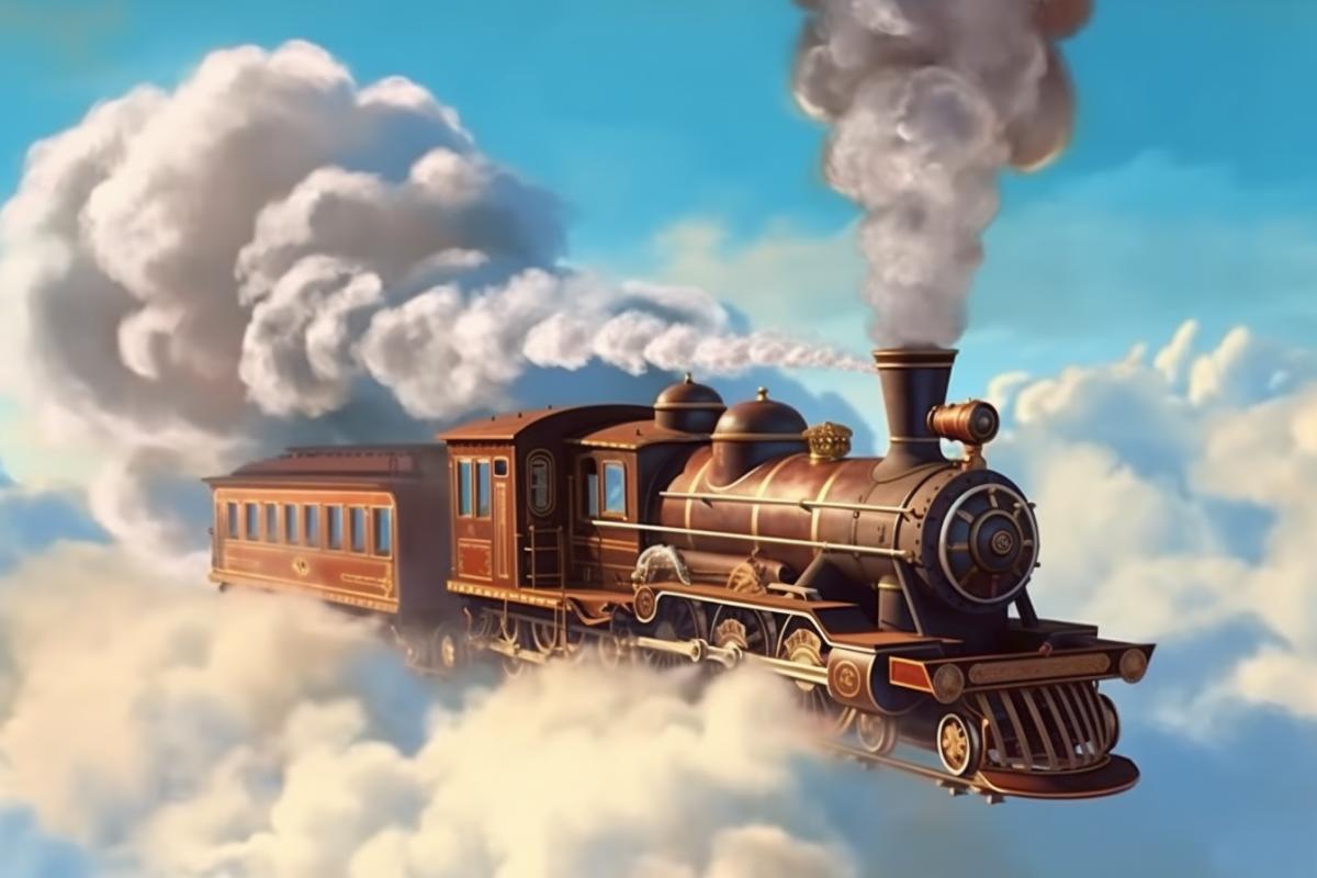 Long flying train in steampunk style, a lot of smoke in the sky