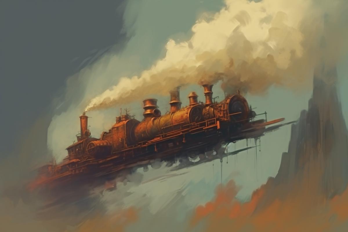 Long flying train in steampunk style, a lot of smoke in the sky