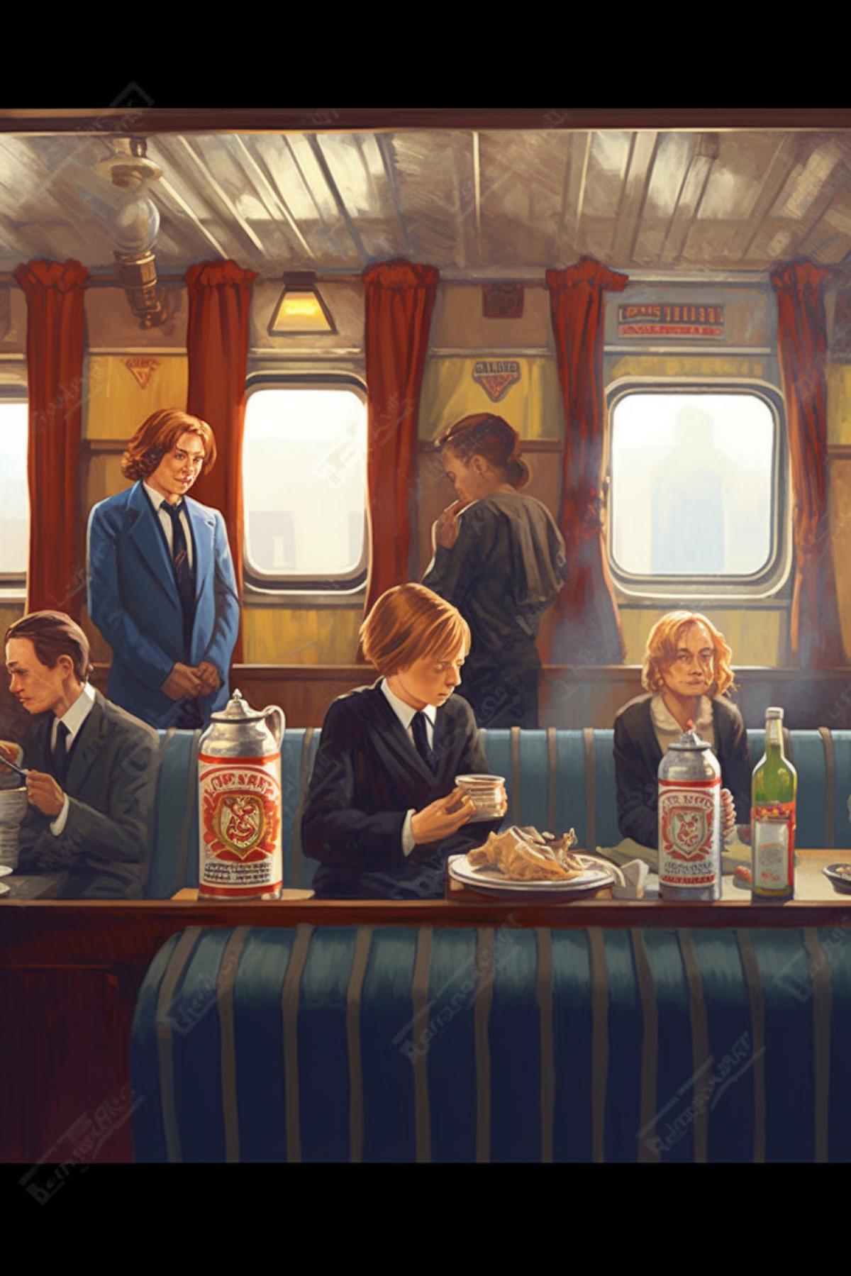 The characters of the film Gary Potter are traveling on a train, message: Moscow Vladivostok, eating fried chicken, boiled eggs and drinking Baltika beer.