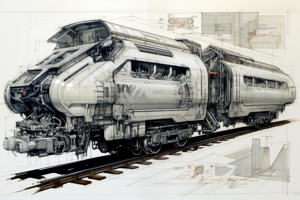 Future Train, cyberpunk, concept art, ink graphic, futuristic design , plan, sepias paper, sci-fi, high details, Charles Demuth style