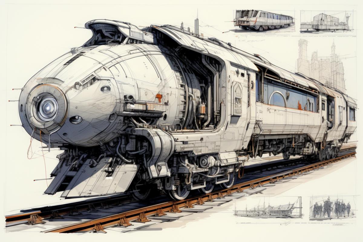Future Train, cyberpunk, concept art, ink graphic, futuristic design , plan, sepias paper, sci-fi, high details, Charles Demuth style