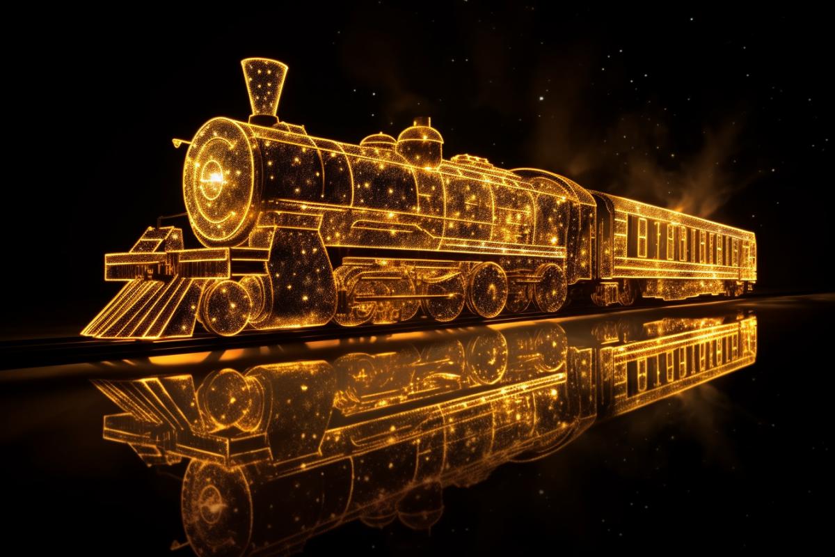 photoshoot of a ghost train silhouette made of a million sparkles. Yellow and gold scenery, Low profile view, Ultra realistic