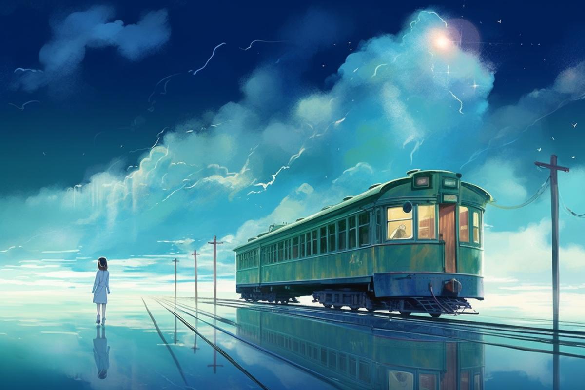 A ghostly vintage train from the anime Spirited Away travels across the sea. in watercolor technique. starry sky. on the right is a small provincial Japanese railway station. Chihiro stands on the platform and holds Hakus hand. Miyazaki style. style by Makoto Shinkai. European comic style. style niji5