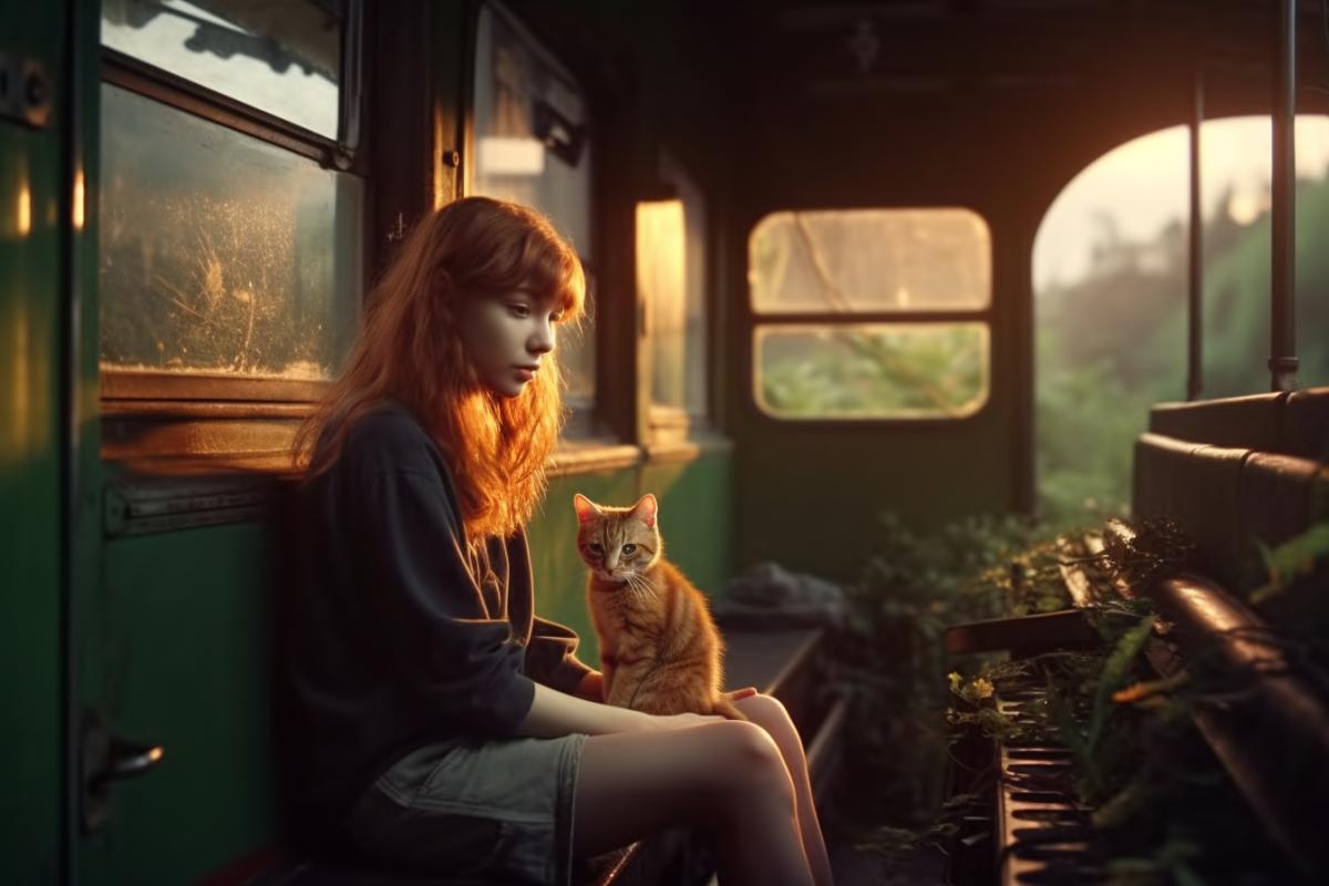 lofi girl and a kitten listen to the radio in an lost old train carriage overgrown with ivy . Evening light. 4k. in the style of hyperrealistic details, national geographic photo, brown and amber, unreal engine 5