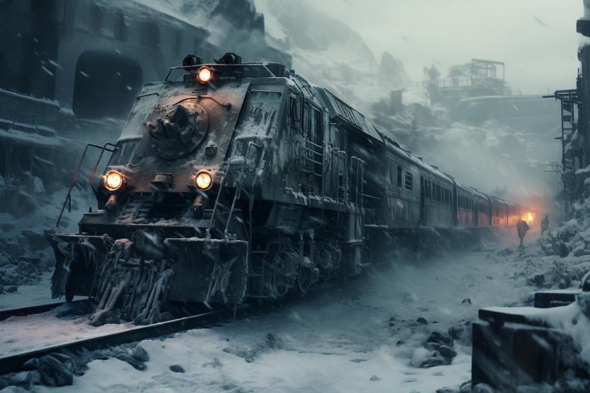 Train, Snowpiercer Netflix serial, dynamic, cinematic, snow, frozen, post apocalyptic, epic, photorealistic