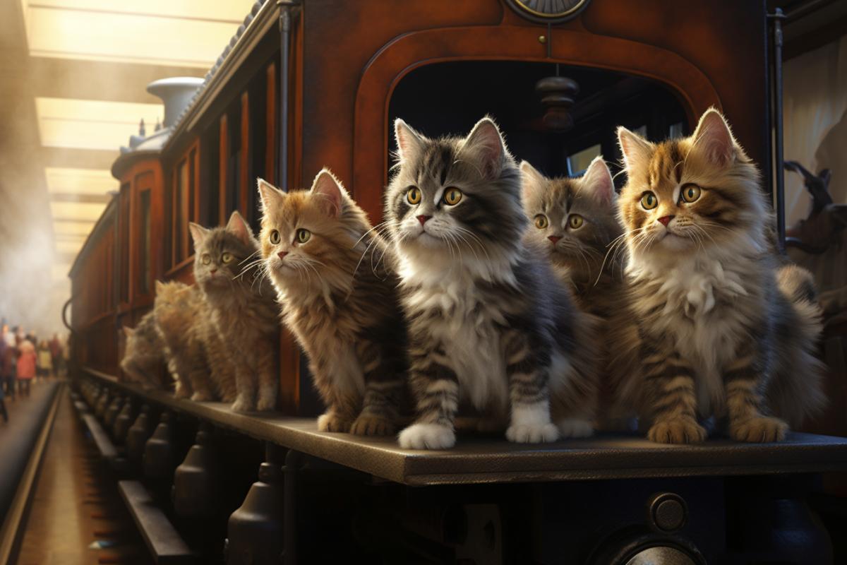 Cat train, cute, funny, photorealism