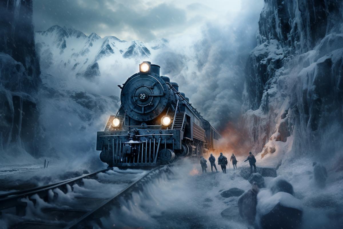 Train, Snowpiercer Netflix serial, dynamic, cinematic, action, thriller, snow, frozen, epic, photorealistic