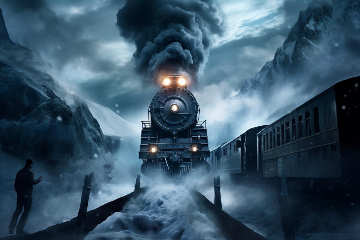 Train, Snowpiercer Netflix serial, dynamic, cinematic, snow, frozen, epic, photorealistic