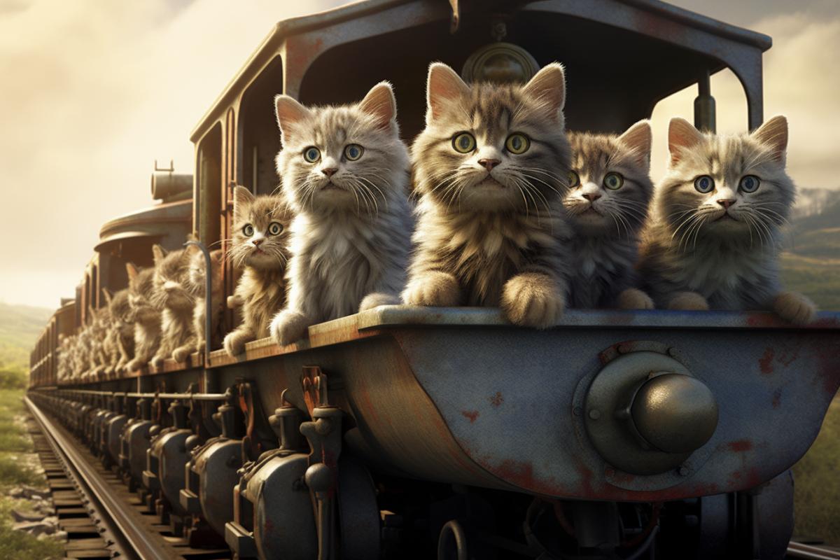 Cat train, cute, funny, photorealism