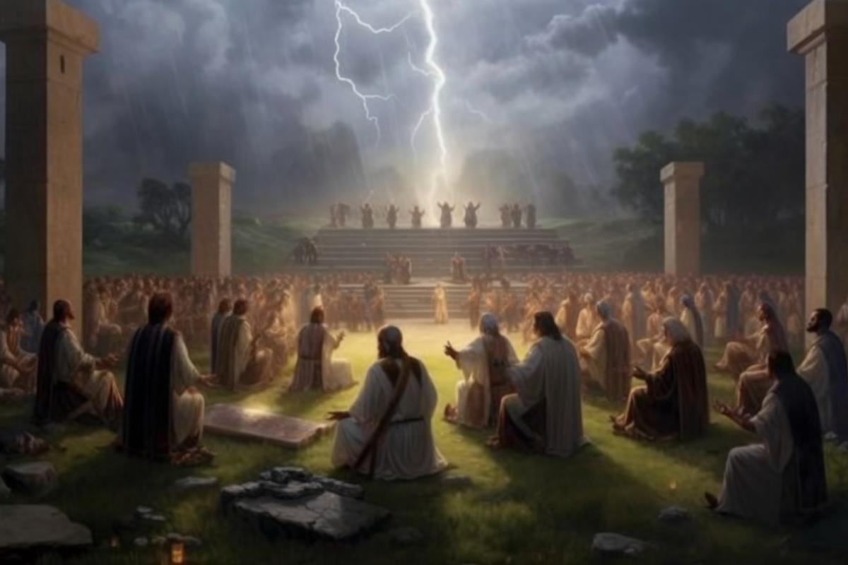 Terrible thunderstorm, pagans pray to the gods