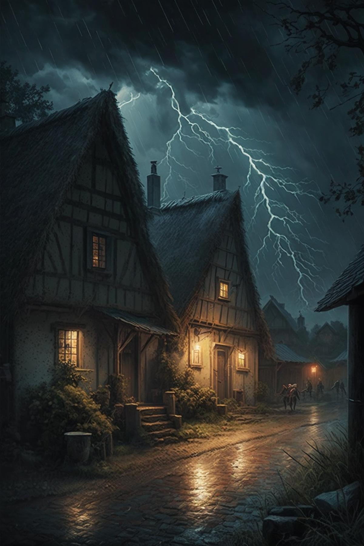 Ominous dimly lit illustration of an old village on a rainy night, lightning, professional photography